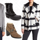Joseph A Knit Fringe Cardigan, $10 | Hunter Original Genuine Shearling Lined Waterproof Boot, $100 | Aquatalia Brooke Weatherproof Faux Fur Lined Bootie, $179 | trina Trina Turk Notch Lapel Two Button Plaid Coat, $89 | Lovers + Friends ‘Waterfront’ Shift Dress, $39